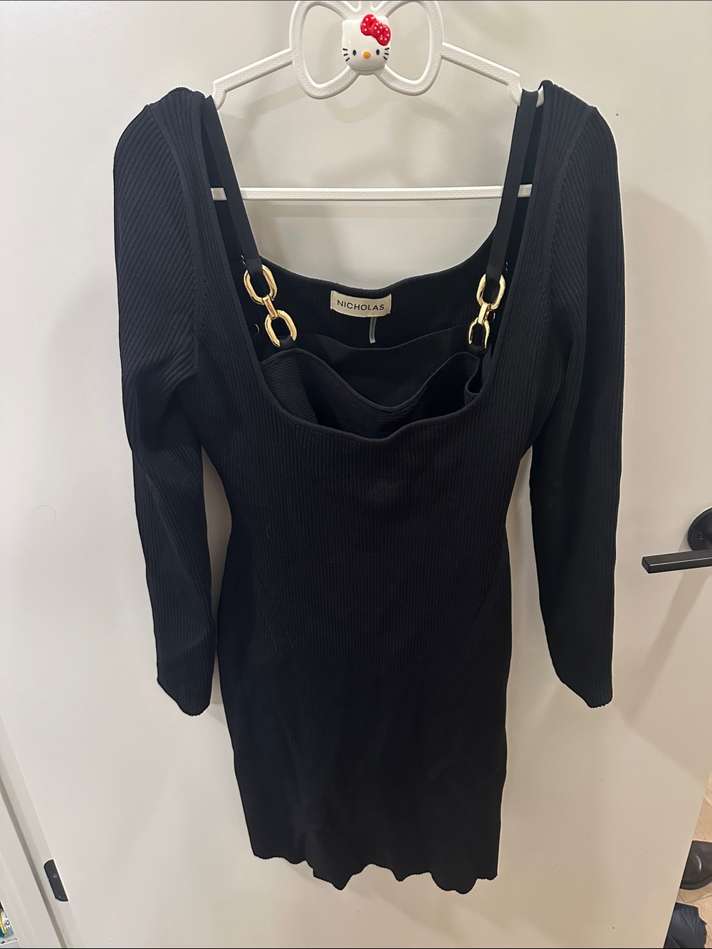 NICHOLAS Black Ribbed Long-Sleeve Dress with Gold Ring Straps